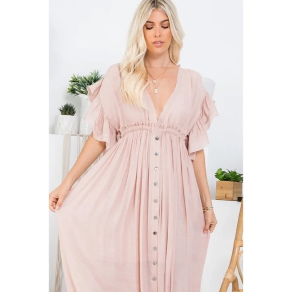 SOLD OUT Nude Blush Gauze Boho Button Short Slv Deep V Woven Gathered Maxi - Picture 5 of 6
